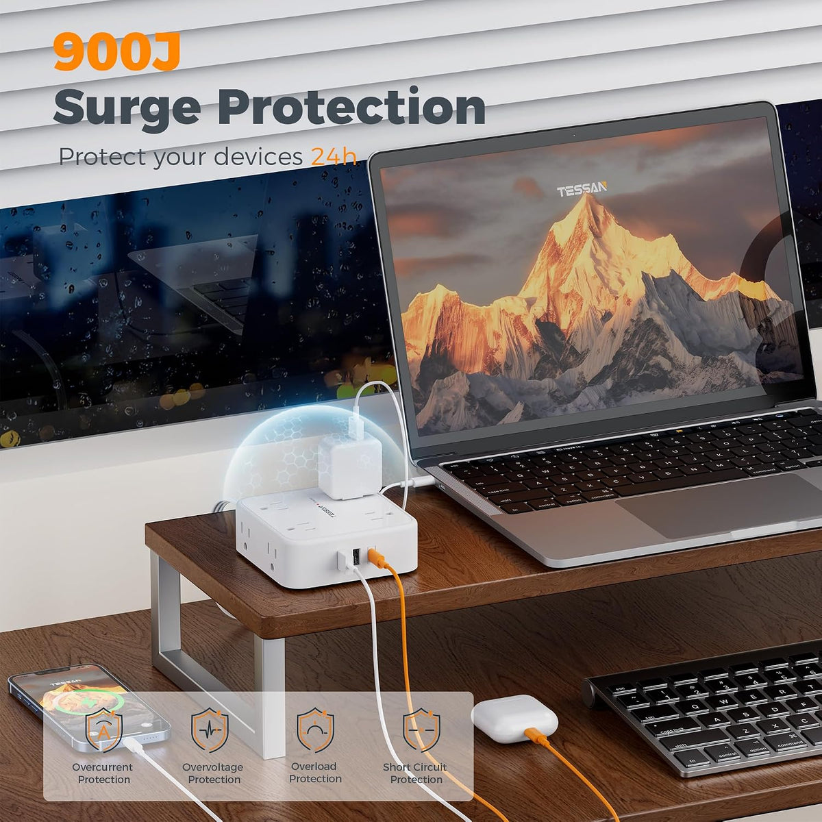 TESSAN Surge Protector Power Strip with 900J Surge Protection, 5 Ft, Grey