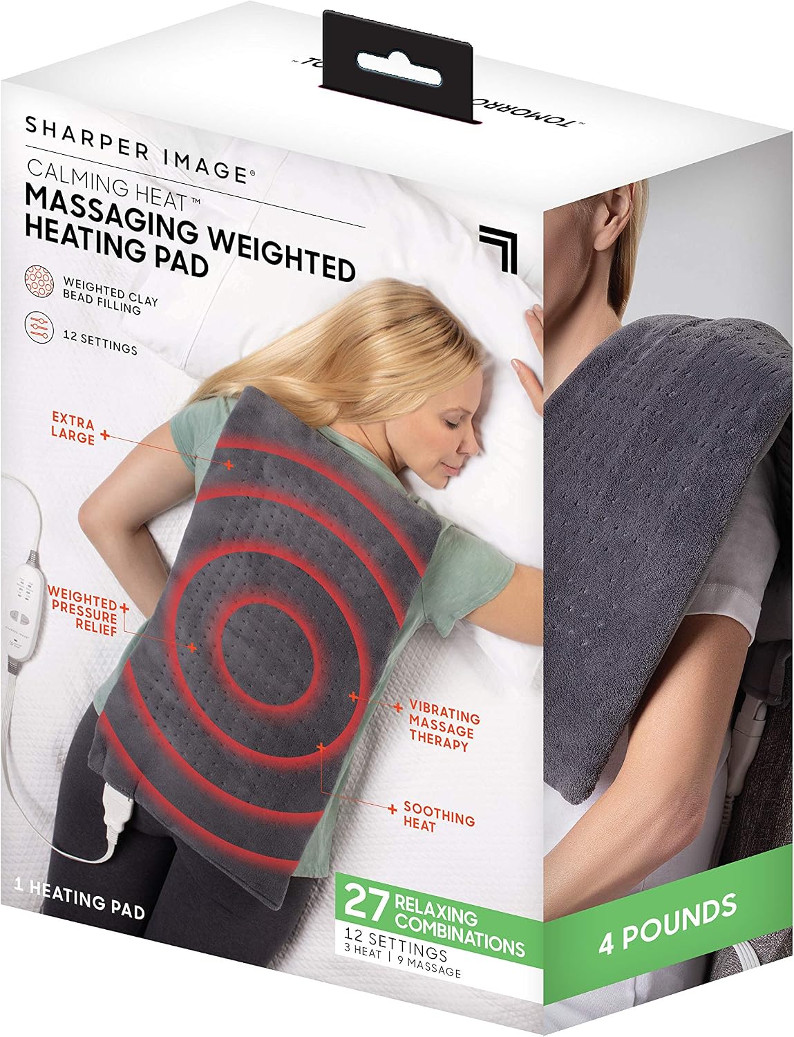 Calming Heat Massaging Vibrations Weighted Heating Pad by Sharper Image | Temperature Settings, Auto Shut-Off Feature, Gift for Holidays, Women & Men | 3 Heat, 6 Massage, 12” x 24”, 4 lbs