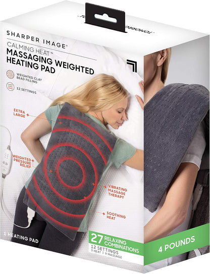 Calming Heat Massaging Vibrations Weighted Heating Pad by Sharper Image | Temperature Settings, Auto Shut-Off Feature, Gift for Holidays, Women & Men | 3 Heat, 6 Massage, 12” x 24”, 4 lbs