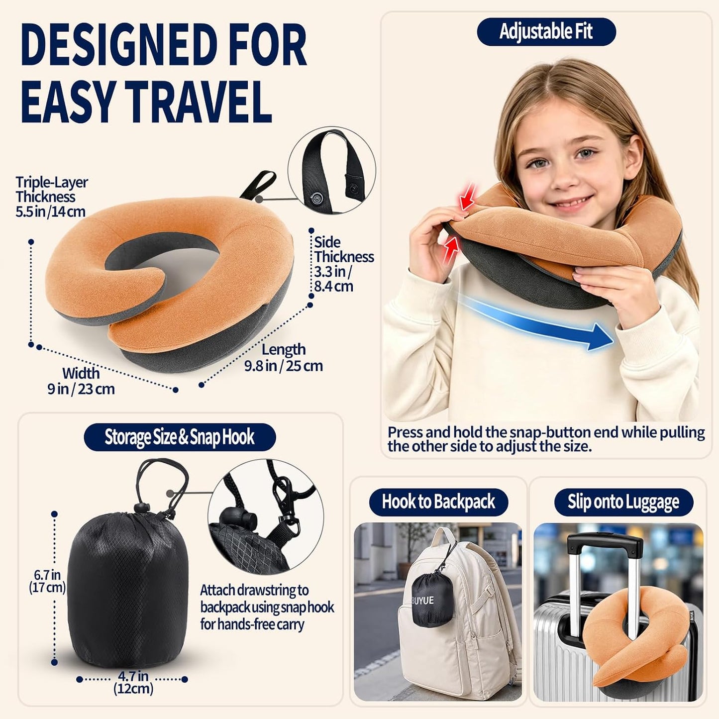 BUYUE Travel Neck Pillows for Airplanes, Memory Foam 360° Head Support Sleep for Long Flight, Skin-Friendly & Breathable, Kit with Eye Mask, Earplugs and Storage Bag (Adult, Grey, 90+ lbs)