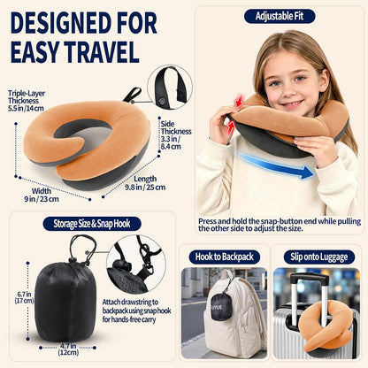 BUYUE Travel Neck Pillows for Airplanes, Memory Foam 360° Head Support Sleep for Long Flight, Skin-Friendly & Breathable, Kit with Eye Mask, Earplugs and Storage Bag (Adult, Grey, 90+ lbs)