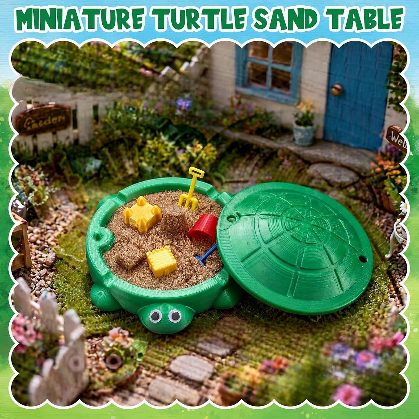 Mini Desktop Turtle Sandbox Zen Garden for Desk 6 x 6 in 3D Printed Fidget Stress Relief Toy with Lid and 5 Mini Beach Tools for Home Office Coworker