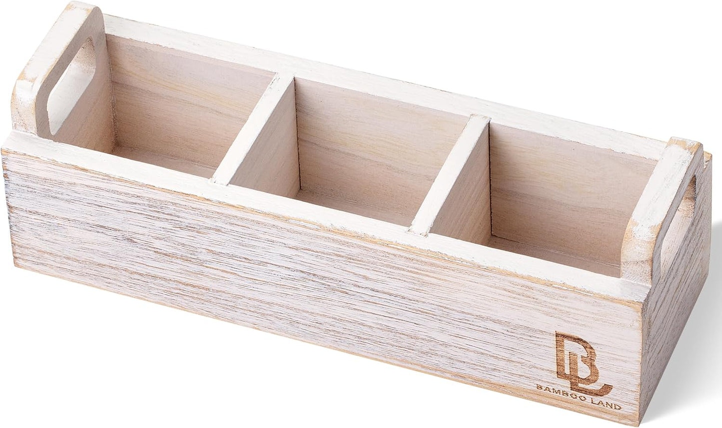 BAMBOO LAND- Small Wooden Tea Bag Organizer, 3 Slot Small Wooden Tea Bag Holder for Countertop, Storage Caddy Box for Tea Packets, Sugar Packet Holder, Kitchen Accessory for Home, Office, Coffee Bar