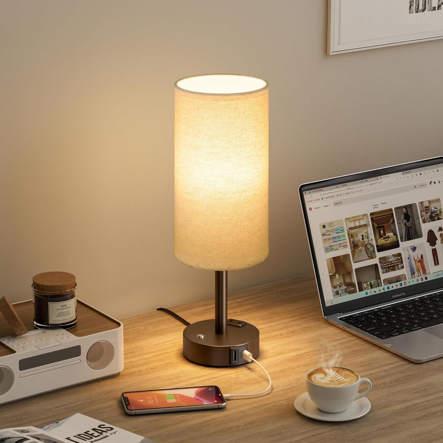 Touch Bedside Table Lamp with Memory - Stepless Dimmable Lamp for Bedroom, Small Nightstand Lamp with Dual USB Charging Ports and AC Outlet, Wood Night Light, Desk Lamp for Nursery, Living Room, Dorm