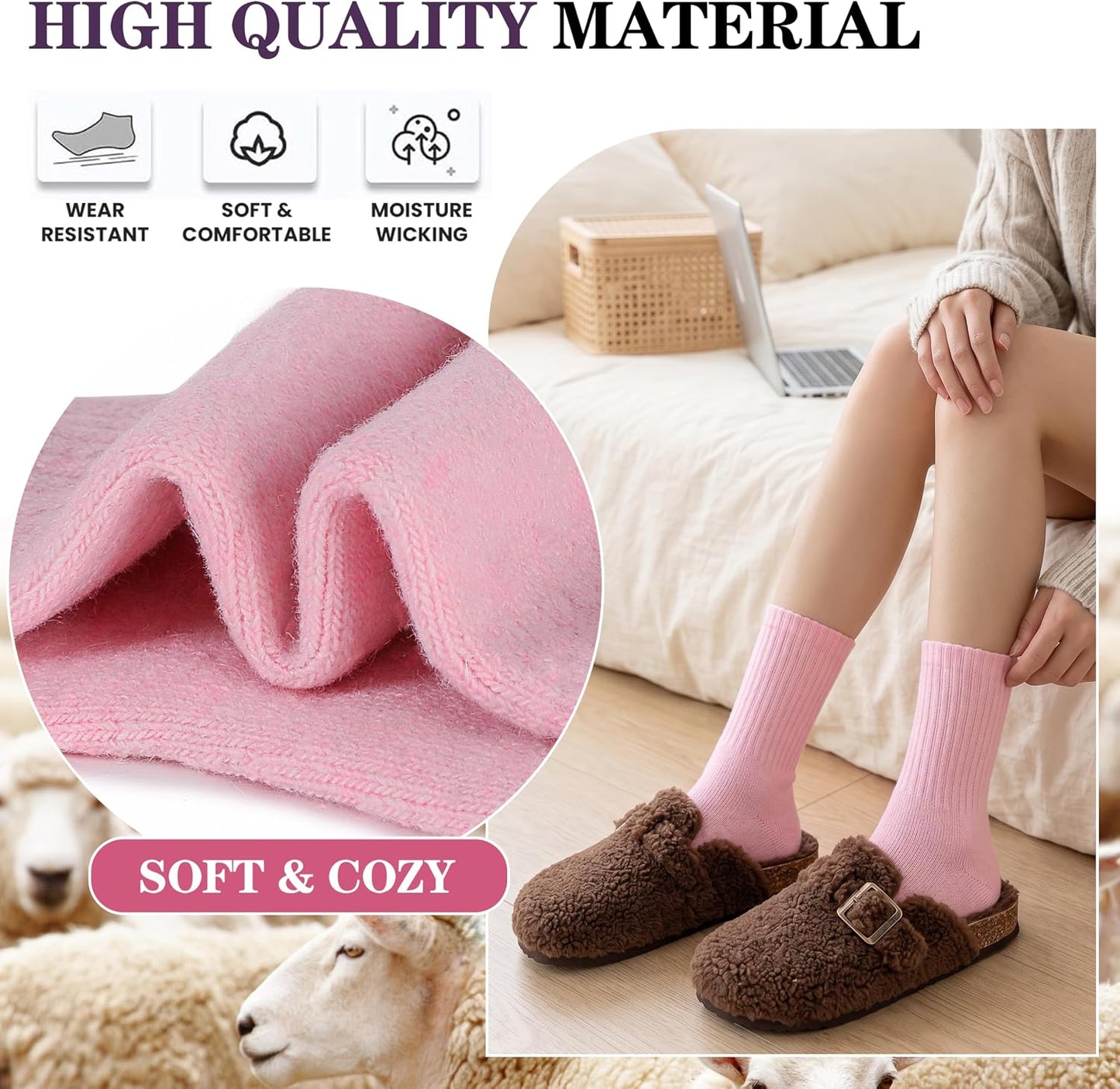 MOGGEI 5 Pairs Womens Merino Wool Socks Hiking Warm Winter Thick Thermal Crew Cozy Cabin Ladies Gift Comfy Boot Work Socks