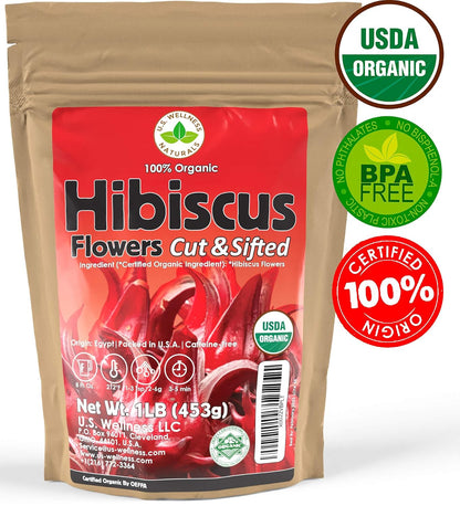 Hibiscus Tea 1LB (16Oz) 100% CERTIFIED Organic Hibiscus Flowers Herbal Tea (CUT&SIFTED), Caffeine Free Tea (200+ cups) 1 lb. Bulk Resealable BPA-Free Bag
