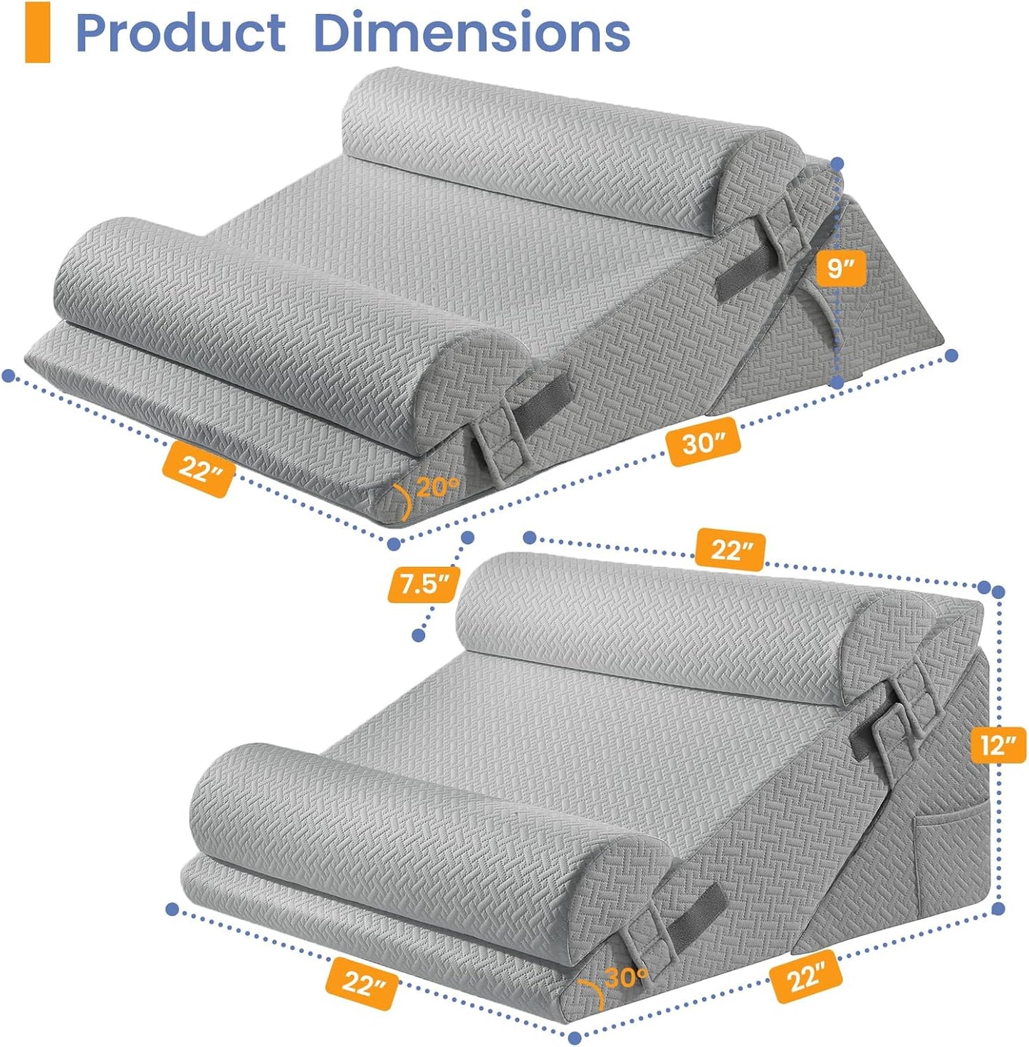 Sasttie Wedge Pillow Set for After Surgery, 2PCS Adjustable Bed Wedge Pillow Headboard with Memory Foam Neck Cushion – for Acid Reflux, Sleeping, Neck & Back Support, Dark Grey & White