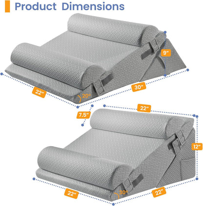 Sasttie Wedge Pillow Set for After Surgery, 2PCS Adjustable Bed Wedge Pillow Headboard with Memory Foam Neck Cushion – for Acid Reflux, Sleeping, Neck & Back Support, Dark Grey & White