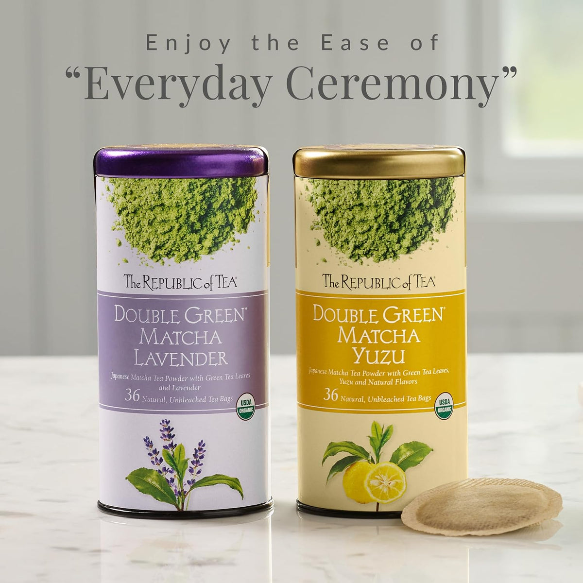The Republic of Tea Organic Double Green Matcha Lavender, Individual Tea Bags with Japanese Matcha Tea Powder and Green Tea Leaves Blend, Natural Unbleached Bags in Reusable Canister, 36 Tea Bags