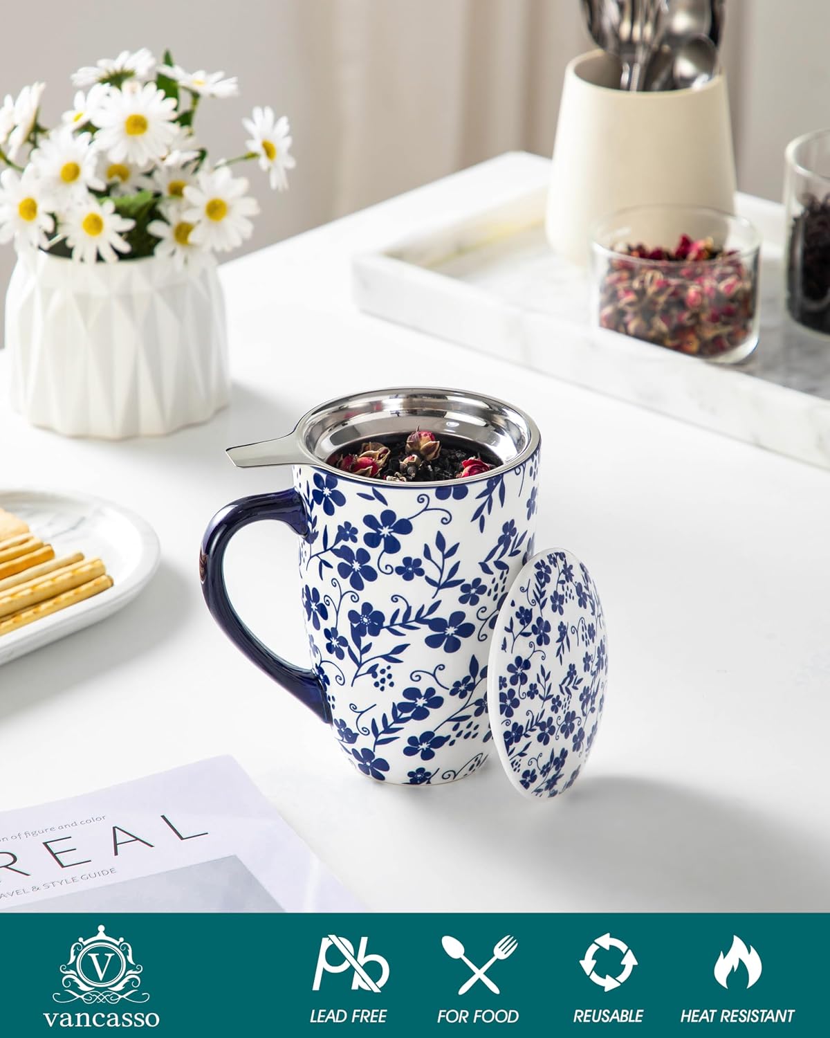 vancasso SELENE Porcelain Tea Mug, 18 oz Porcelain Tea Cup with Infuser and Lid Steeps Loose Leaf Tea, Microwave & Dishwasher Safe, Blossom Cluster