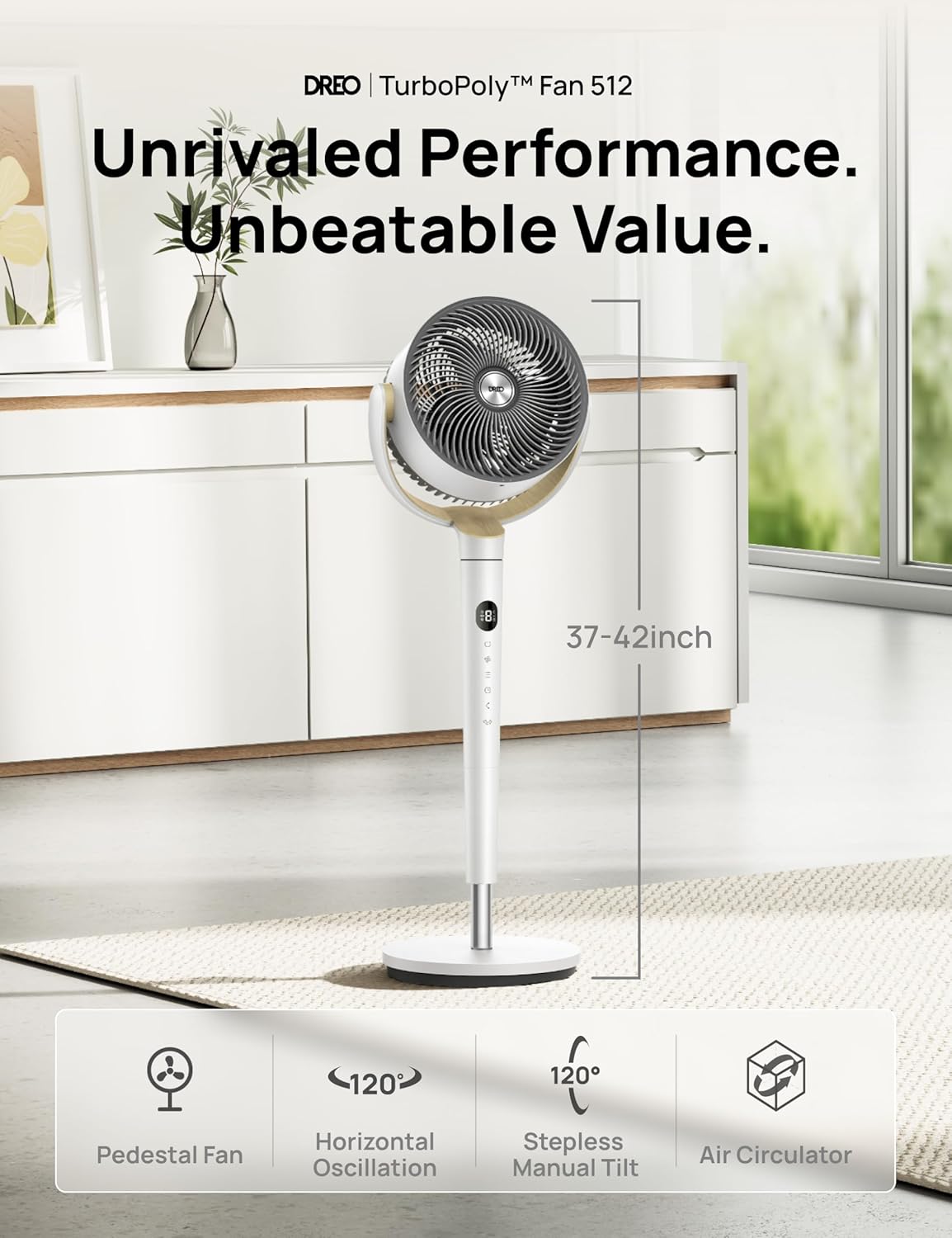 DREO Fan for Bedroom, 120° Oscillating Standing Fan, Quiet Floor Fan with DC Motor, Pedestal Fan for Room, 9 Speeds, 4 modes, 20dB, 120° Manual Vertical, 37-42" Adjustable Height, 9H Timer, Dark Gray