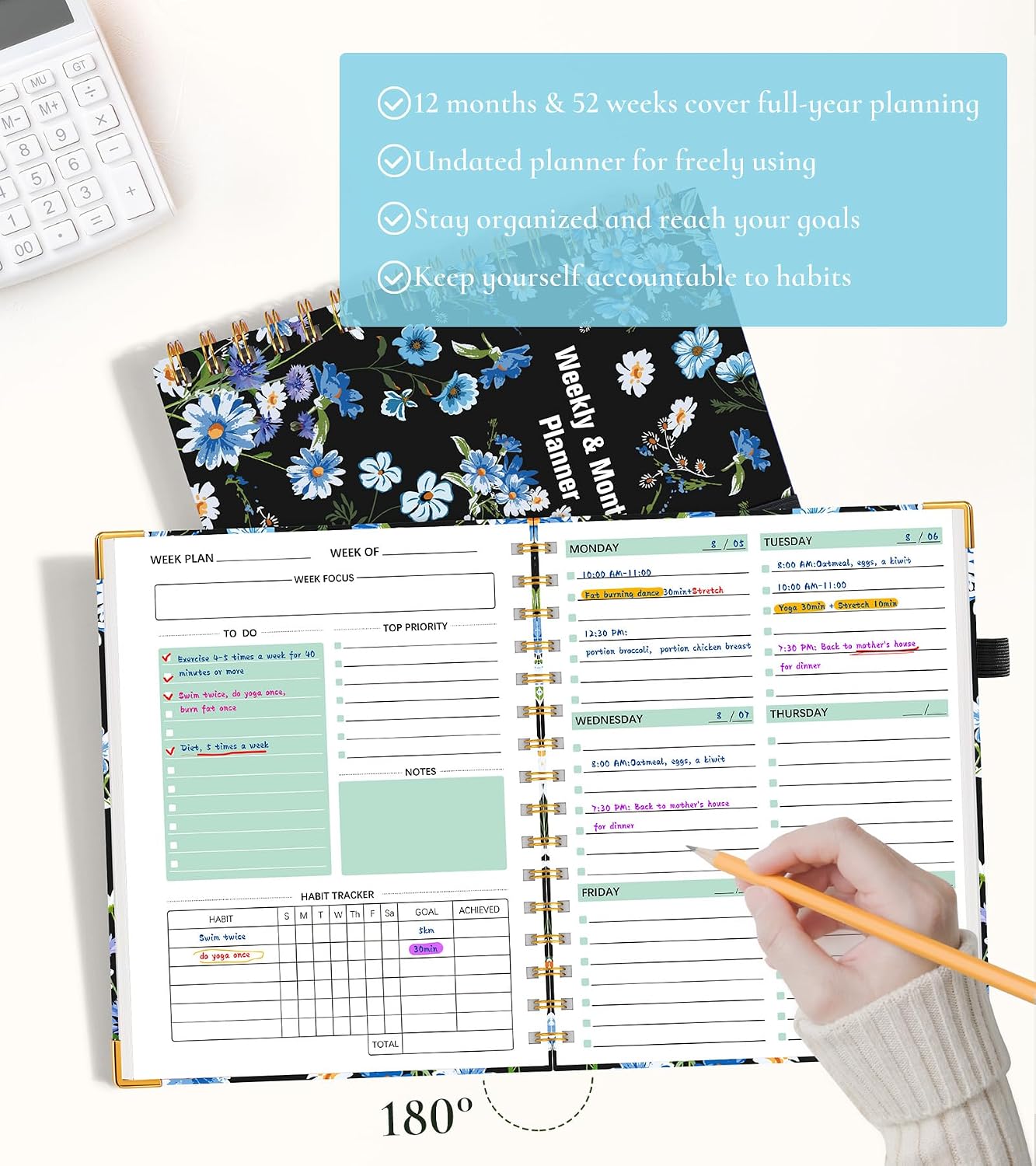 Undated Weekly Planner, Hardcover Leather Weekly & Monthly Calendar Blank Planner, To Do List Notebook with Goal & Habit Tracker Organizer, A5 Daily Planner with Spiral Binding, Ideal for Work School Home, Black