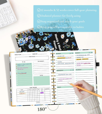 Undated Weekly Planner, Hardcover Leather Weekly & Monthly Calendar Blank Planner, To Do List Notebook with Goal & Habit Tracker Organizer, A5 Daily Planner with Spiral Binding, Ideal for Work School Home, Black