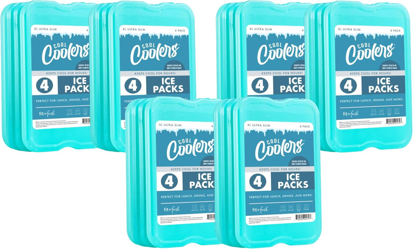 Cool Coolers by Fit & Fresh 4 Pack XL Slim Ice Packs, Quick Freeze Space Saving Reusable Ice Packs for Lunch Boxes or Coolers