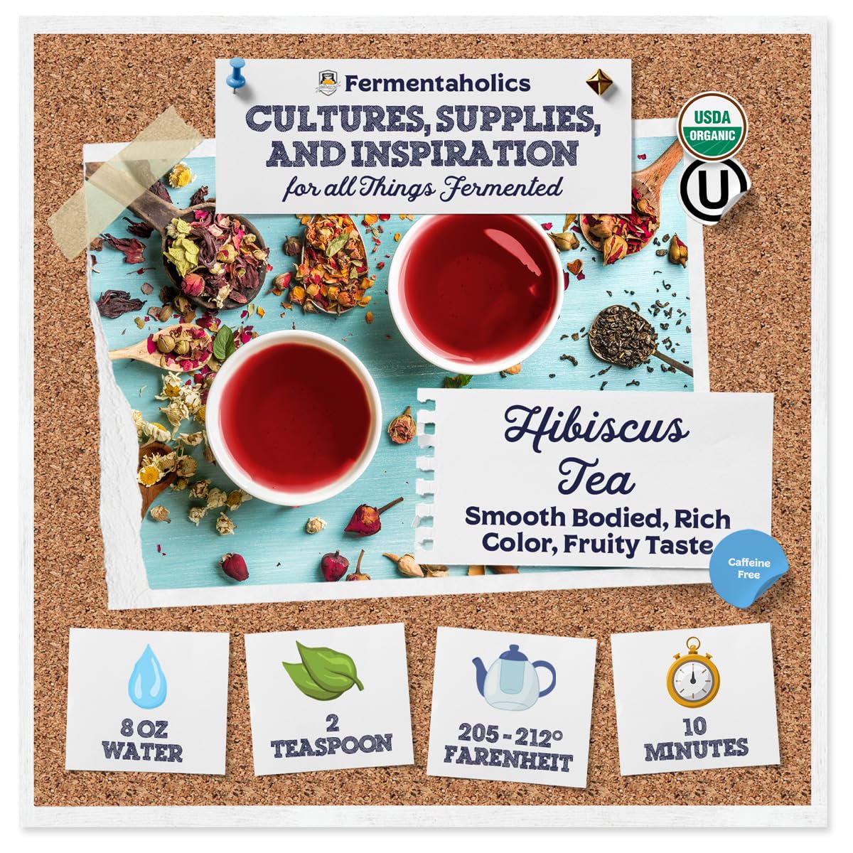 Fermentaholics Organic Hibiscus Tea Loose Leaf Herbal and Tisanes – USDA Organic & OU Kosher, Premium Tea Leaves for Hot or Iced Tea, Kombucha Brewing and Flavoring