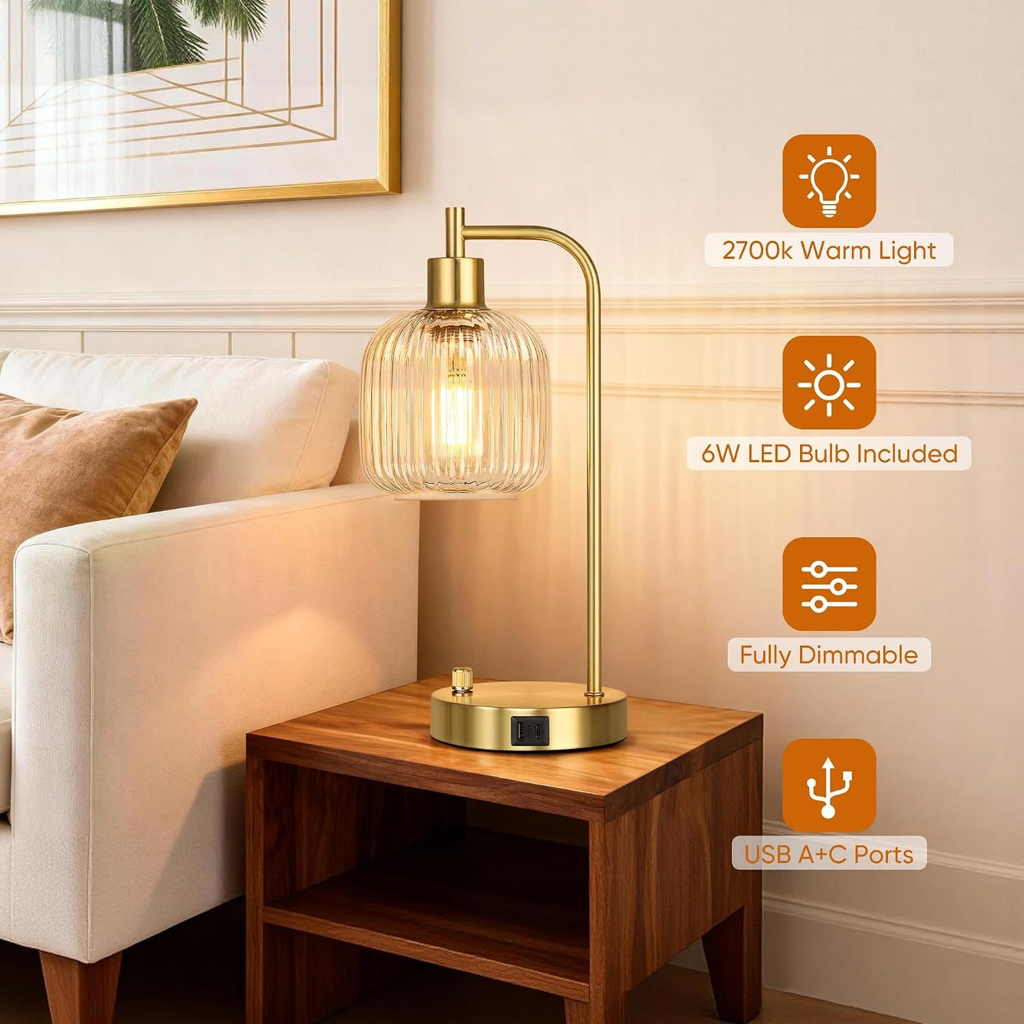 QiMH Industrial Table Lamp for Bedroom Set of 2, Green Glass Beside Lamp with USB A&C Ports, Stepless Dimmable Gold Lamps, Nightstand Lamps for Living Room, Office, Home Decor(Bulb Included)