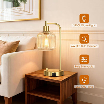 QiMH Industrial Table Lamp for Bedroom Set of 2, Green Glass Beside Lamp with USB A&C Ports, Stepless Dimmable Gold Lamps, Nightstand Lamps for Living Room, Office, Home Decor(Bulb Included)