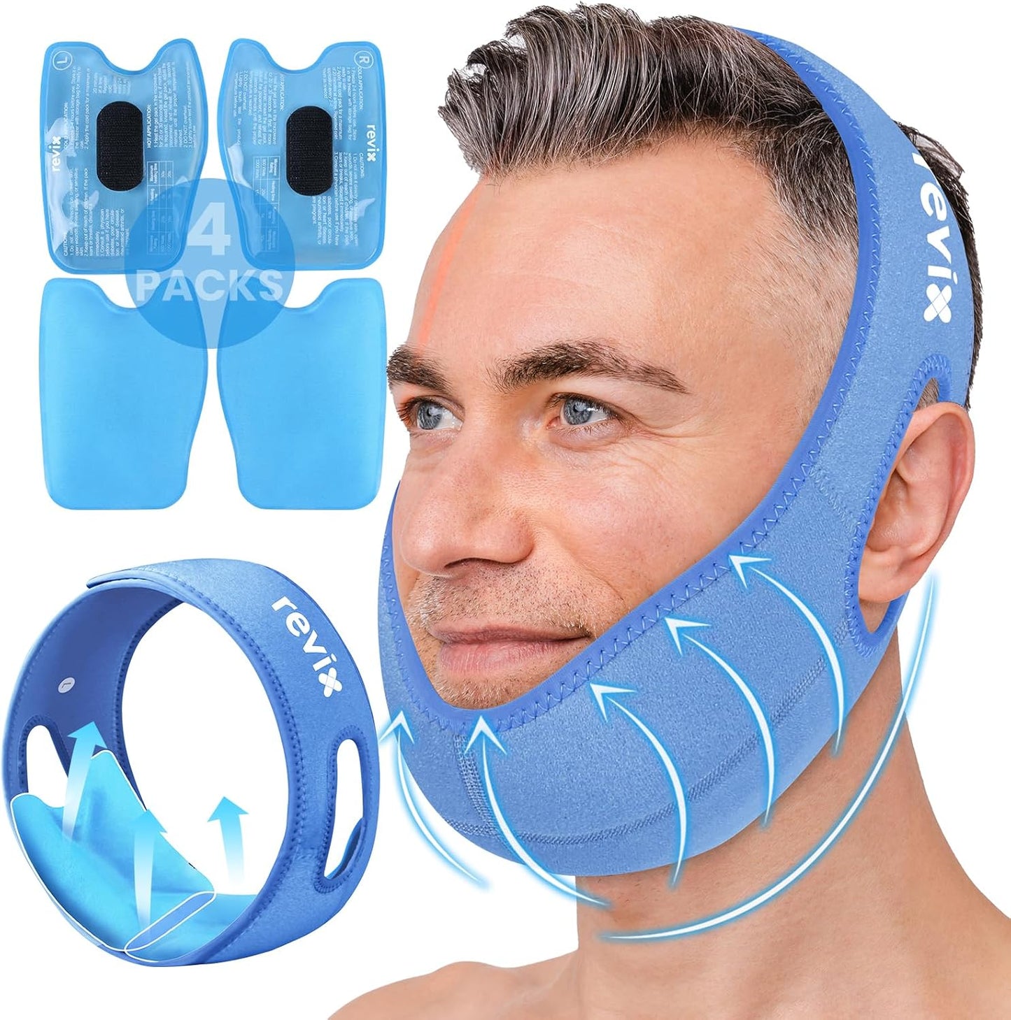REVIX Wisdom Teeth Ice Pack Head Wrap with 3D Sewing Jaw Ice Pack for Face Oral Surgery Pain Relief for TMJ, Tooth Extraction & Teeth Removed, Extra Snug Fit with 4 Hot Cold Gel Packs Reusable, Black