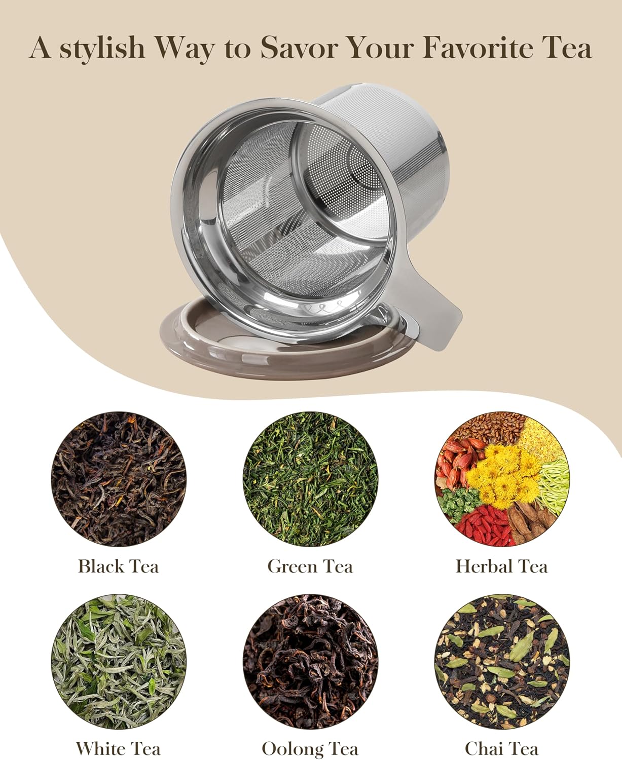 MALACASA Ceramic Tea Mug with Lid and Stainless Steel Infuser, 18 oz Large Tea Cup for Loose Leaf Tea, Heat-Resistant, Microwave & Dishwasher Safe, Speckled Glaze Coffee & Tea Brewer Mug, Khaki White