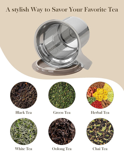 MALACASA Ceramic Tea Mug with Lid and Stainless Steel Infuser, 18 oz Large Tea Cup for Loose Leaf Tea, Heat-Resistant, Microwave & Dishwasher Safe, Speckled Glaze Coffee & Tea Brewer Mug, Khaki White
