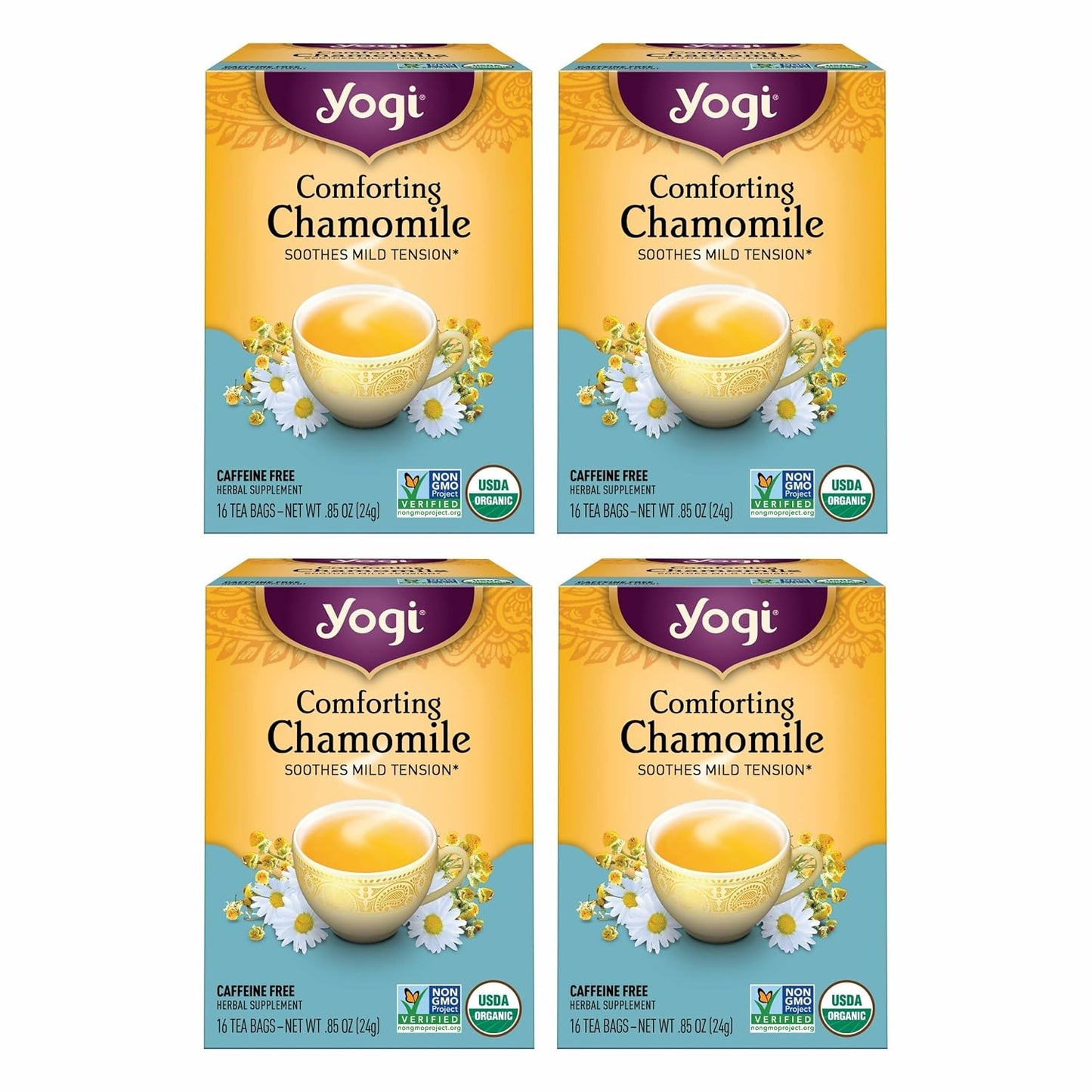 Yogi Tea Comforting Chamomile Tea - 16 Tea Bags per Pack (4 Packs) - Organic Chamomile Tea Bags - Supports a Good Night's Sleep & Occasional Stomach Discomfort - Made from Organic Chamomile Flower