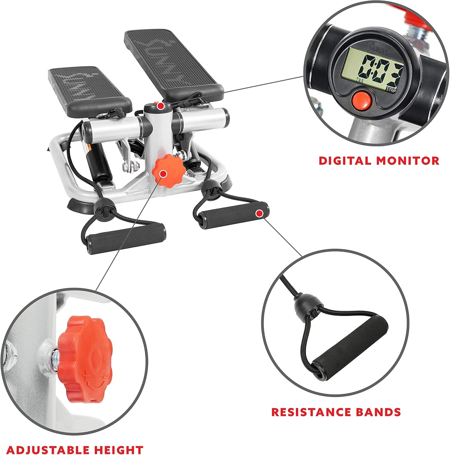 Sunny Health & Fitness Mini Steppers with Digital Monitor and Resistance Bands, Compact Low-Impact Cardio Machines for Home Workouts