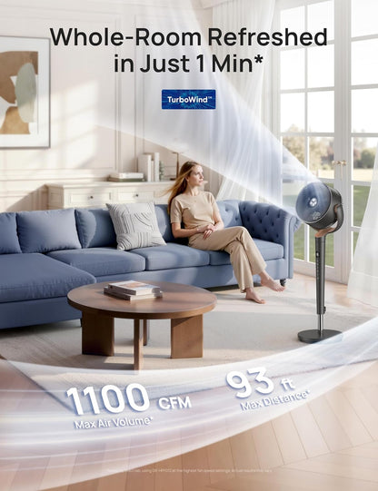 DREO Fan for Bedroom, 120° Oscillating Standing Fan, Quiet Floor Fan with DC Motor, Pedestal Fan for Room, 9 Speeds, 4 modes, 20dB, 120° Manual Vertical, 37-42" Adjustable Height, 9H Timer, Dark Gray