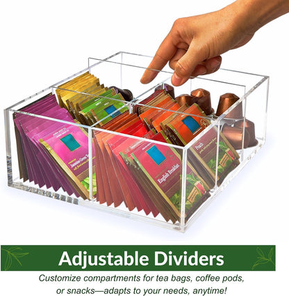 Heavy-Duty Acrylic Tea Bag Organizer, 8-Compartment Storage Box | Perfect Organizer: 8-compartment design keeps tea bags and coffee pods neatly sorted, saving space on your countertop.