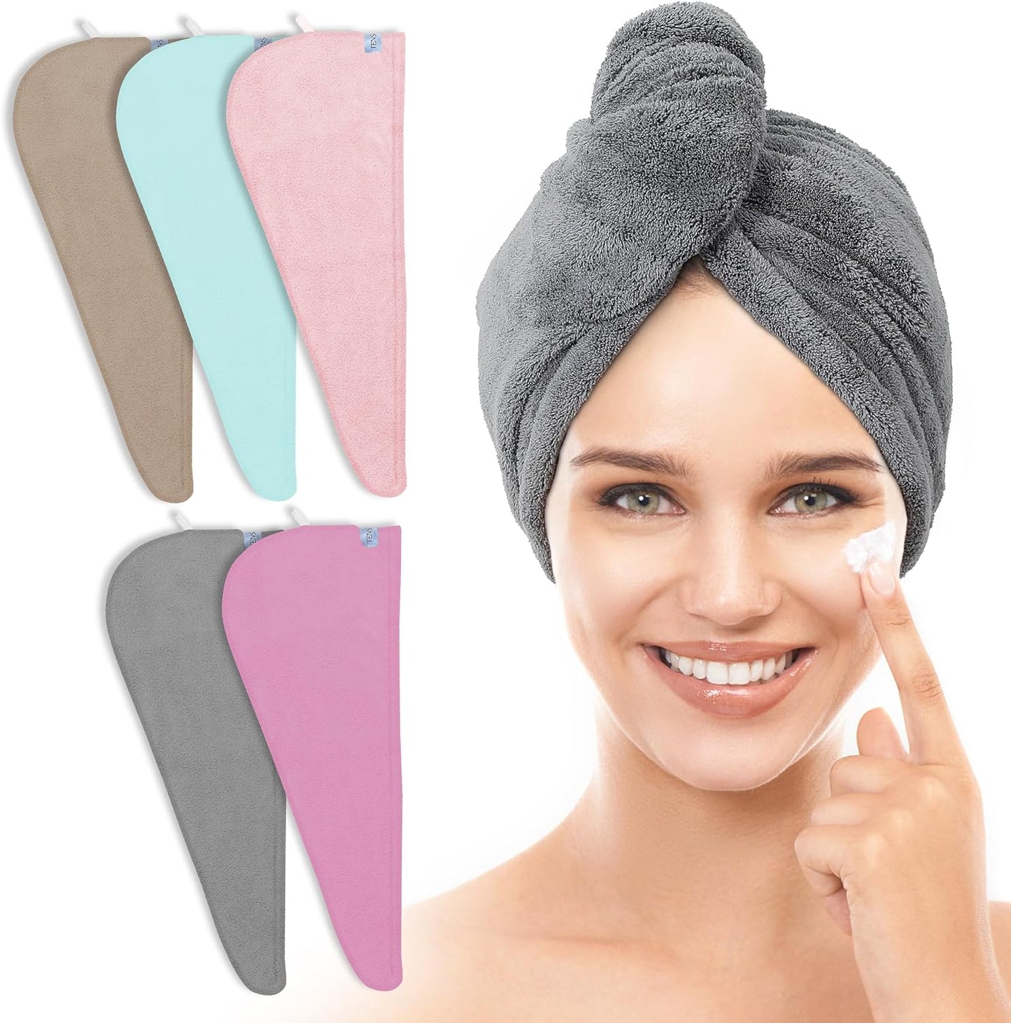 TENSTARS 5 Pack Thicken Microfiber Hair Towel Wrap for Women - Elastic Loop Design - 320GSM Coral Velvet - Quick Dry Hair Turban - 11x28 Inch (Pink)