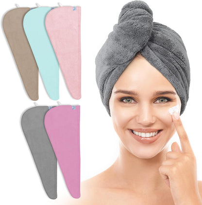 TENSTARS 5 Pack Thicken Microfiber Hair Towel Wrap for Women - Elastic Loop Design - 320GSM Coral Velvet - Quick Dry Hair Turban - 11x28 Inch (Pink)