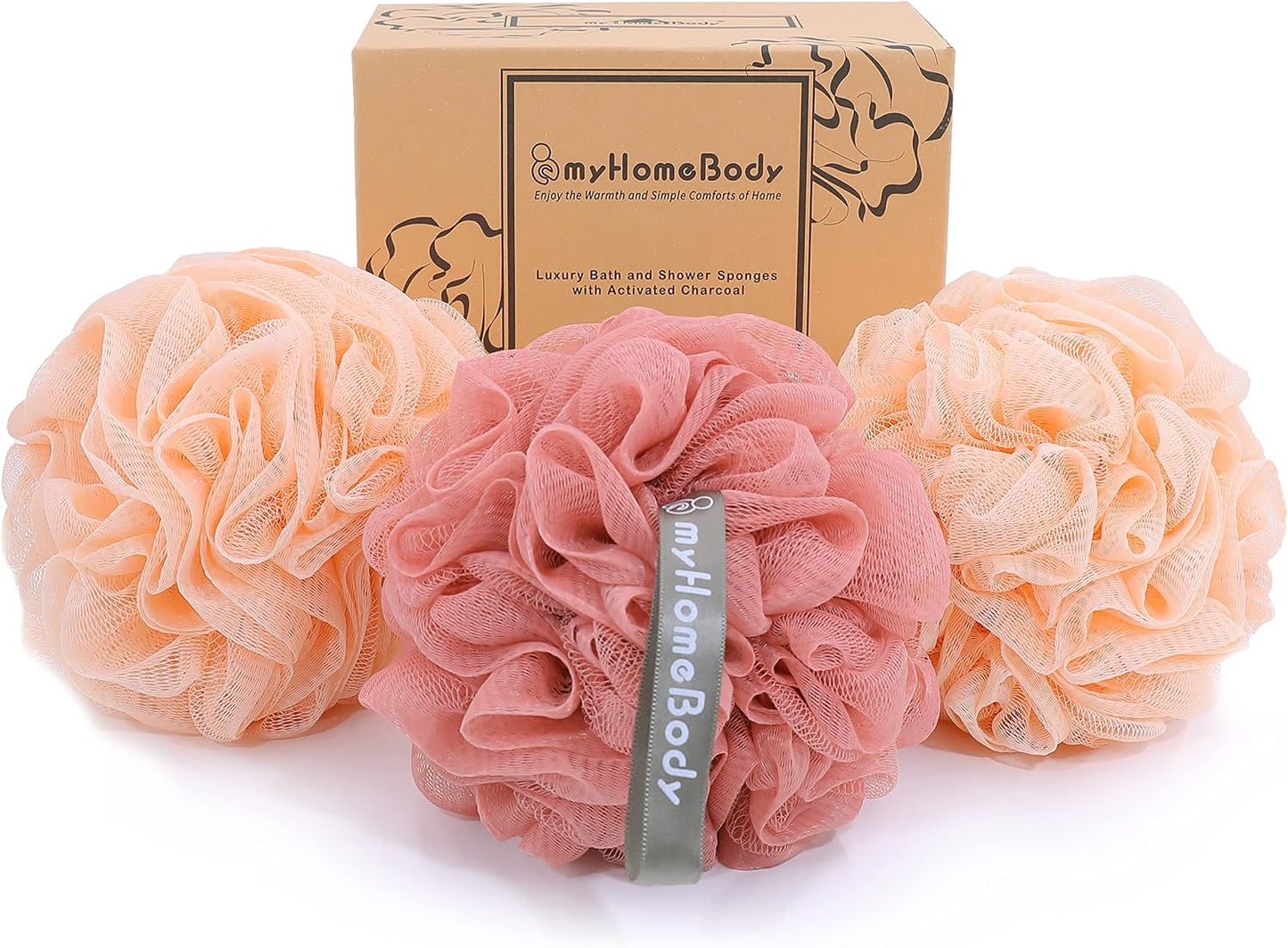 myHomeBody Large 70g Loofah Sponge, Bath Body Scrubber for Women, Men, Exfoliating Shower Pouf with Activated Charcoal - 2 Graphite Gray + 1 Sage Green, 3 Pack