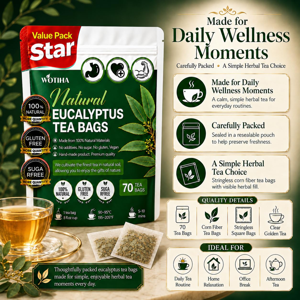 WOTIHA 60 Count Premium Lemon Balm Tea Bags - 100% Pure Natural Leaves, Lemony Citrusy Flavor, Supports Calming & Digestion, Caffeine-Free, Additive-Free, Sugar-Free, Vegan Non-GMO