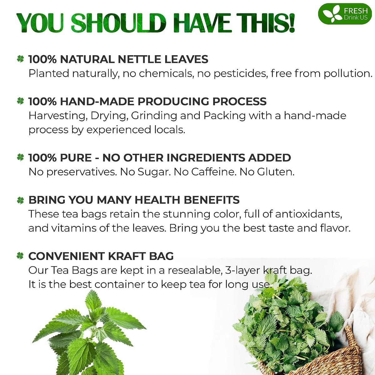 FreshDrinkUS, Premium 75 Nettle Leaf Tea Bags, 100% Natural & Pure, Stinging Nettle Leaf Tea, Burn Nettle, Stinging Nettle, Stinger Tea, No Sugar/Caffeine/Gluten, Vegan