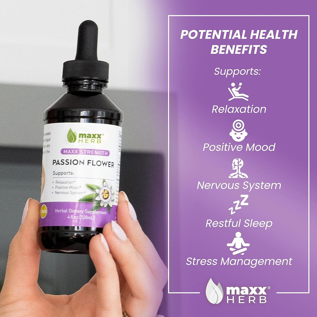 Maxx Herb Passion Flower Extract - Max Strength Passion-Flower Liquid Absorbs Better Than Capsules, for Relaxation and Stress Relief, Alcohol-Free - 4 Oz Bottle (60 Servings)