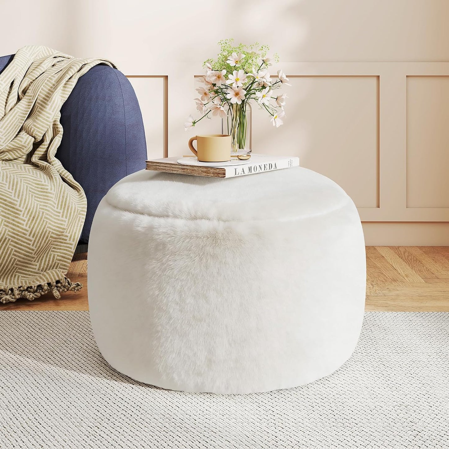 Round Stuffed Pouf Ottoman Foot Rest, Faux Fur Poufs with Memory Foam Filling, Ottomans for Living Room, Nursery, Dorm, Soft Foot Stool Ottoman for Couch, Perfect for Resting Your Feet (Grey, 20 Inch)