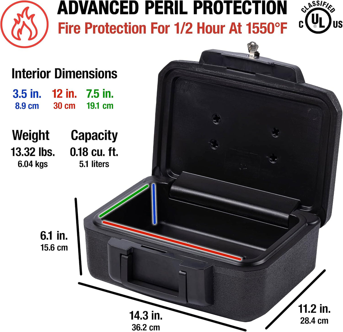 SentrySafe Fireproof Safe Box with Key Lock, Chest Safe with Carrying Handle to Secure Money, Jewelry, Documents, 0.25 Cubic Feet, 6.3 x 15.3 x 12.1 Inches, 1160