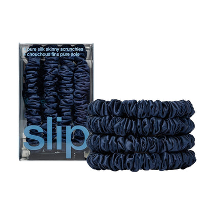 Slip Silk Hair Ties — Skinny Silk Black Scrunchies, No Damage, No Crease, Anti-Breakage |100% Mulberry Silk | All Hair Types | Made with Proprietary Slipsilk™ | Set of 4