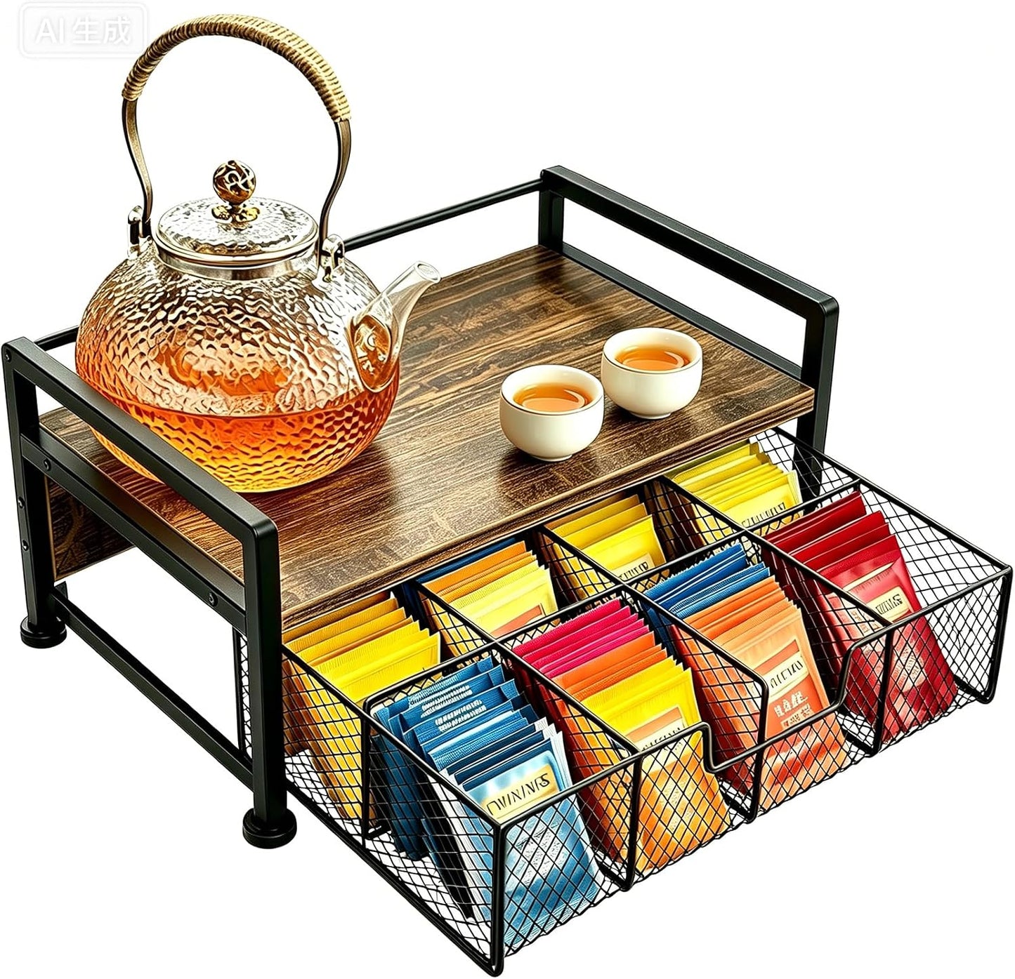 Tea Bag Organizer, Wooden Tea Box with Drawer and Top Tray, Rustic Brown