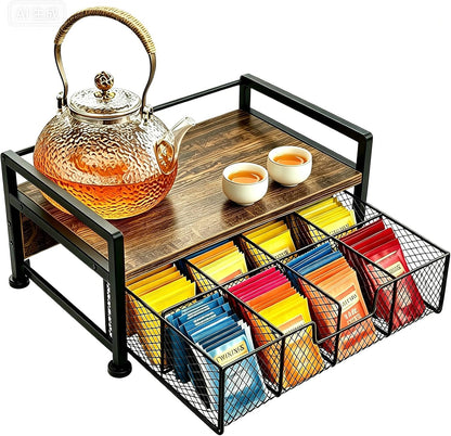 Tea Bag Organizer, Wooden Tea Box with Drawer and Top Tray, Rustic Brown