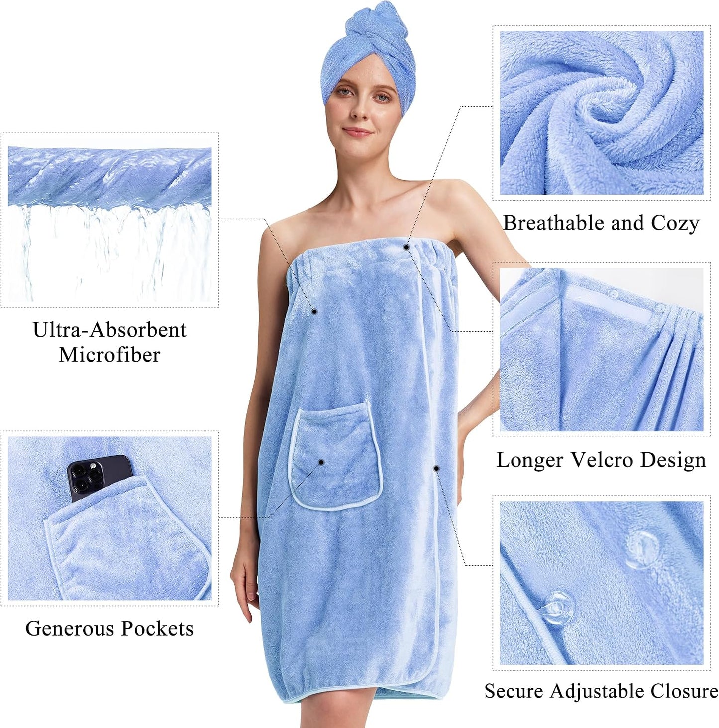 PJGGZ Towel Wrap for Women, Three Adjust Clasps Closure Bath Wraps After Shower Spa Sauna Bathrobe(Available in Plus Size)