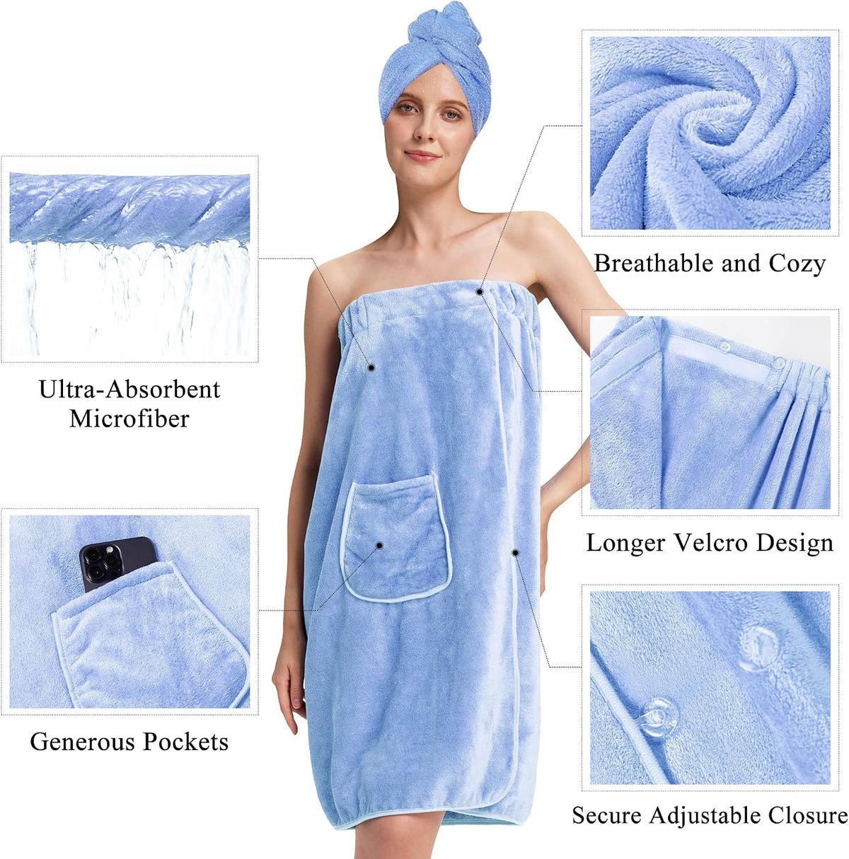 PJGGZ Towel Wrap for Women, Adjustable Button Quick Dry Absorbent Bath Wrap