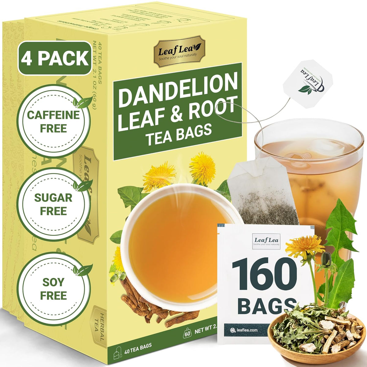LeafLea Dandelion Root & Leaf Tea Bags, Gut Health Support, 160 Count