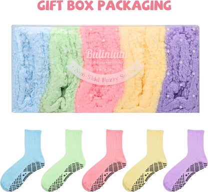 Bulinlulu Fuzzy Socks With Grips for Women, 5 Pairs Non Slip Sleep Warm Fluffy Slipper Socks Gifts for Women
