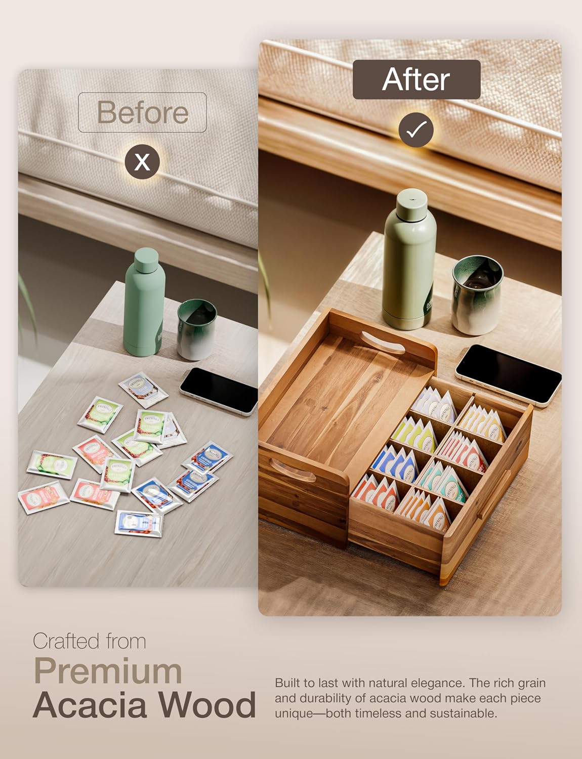 TINAMO Acacia Wooden Tea Box Organizer with Drawer for Tea & Coffee Storage