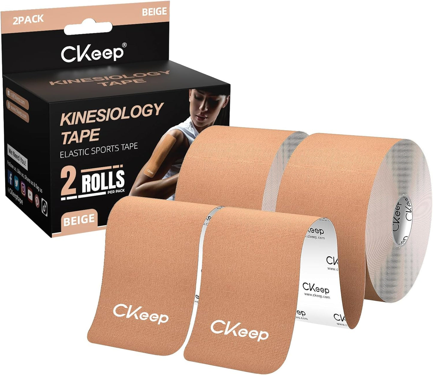 CKeep Kinesiology Tape, Uncut Premium Elastic Athletic Tape 2 Rolls, Beige | Original Cotton Latex Free Kinetic Tape, Breathable & Waterproof Sports Tape for Muscle and Joint Support, 2inch x 16ft