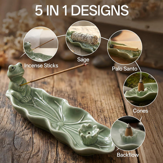 Frog Incense Holder for Sticks, Handmade Ceramic Holder for Burning Sage Sticks, Palo Santo, Cone and Backflow, Incense Burner for Meditation Room Home Decor, Frog Spiritual Gifts for Women