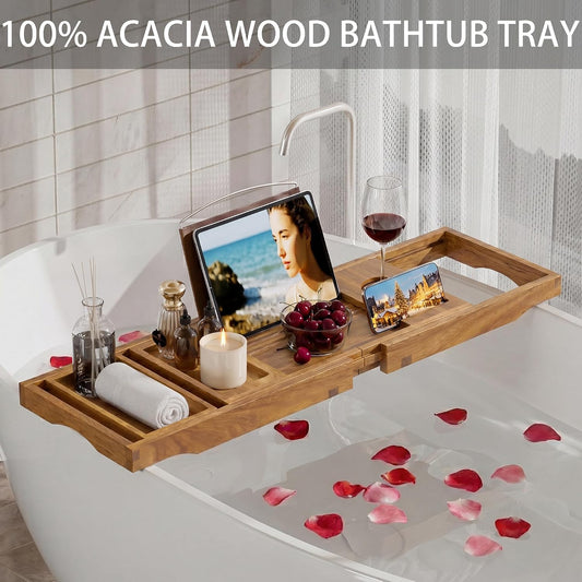 Artmalle Luxury Bathtub Caddy Tray for Tub - Foldable Bamboo Bath Table Tray with Book and Wine Glass Holder, Expandable Bathroom Accessories for Spa or Reading Lite Style