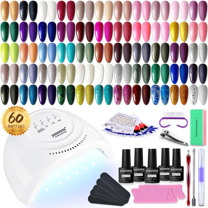 JODSONE Gel Nail Polish Kit 60 PCS with U V Light Soak off Base Top Coat 55 Shine Colors Gel Nail Kit Bright and Dark Brown Wine Red Series Manicure Set for Women and Girls