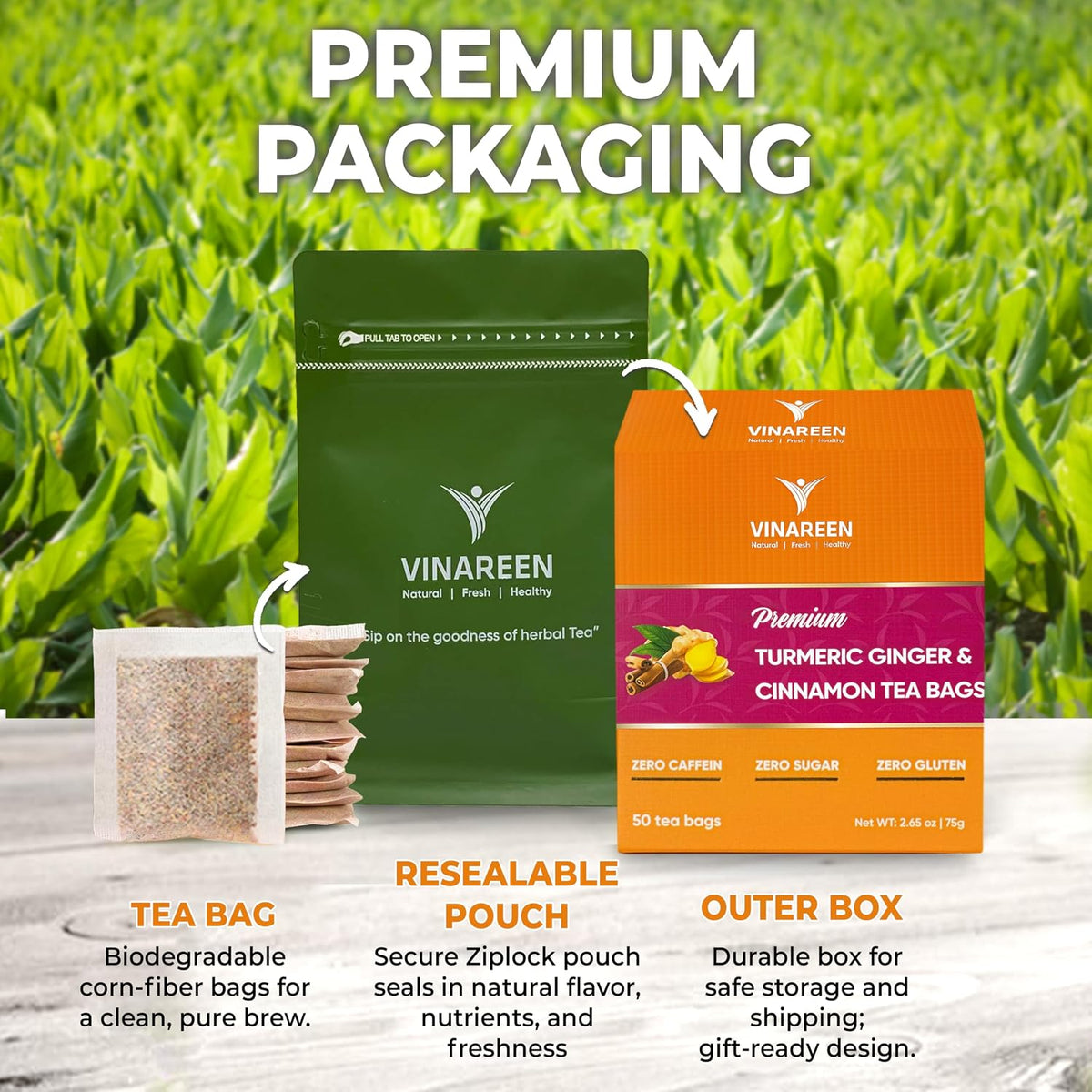 VINAREEN Turmeric Ginger Cinnamon Herbal Tea, 100 Tea Bags, Supports Digestion, Premium Natural Ingredients, Eco-Conscious Tea Bags, Caffeine-Free, Sugar-Free, Gluten-Free, Vegan.