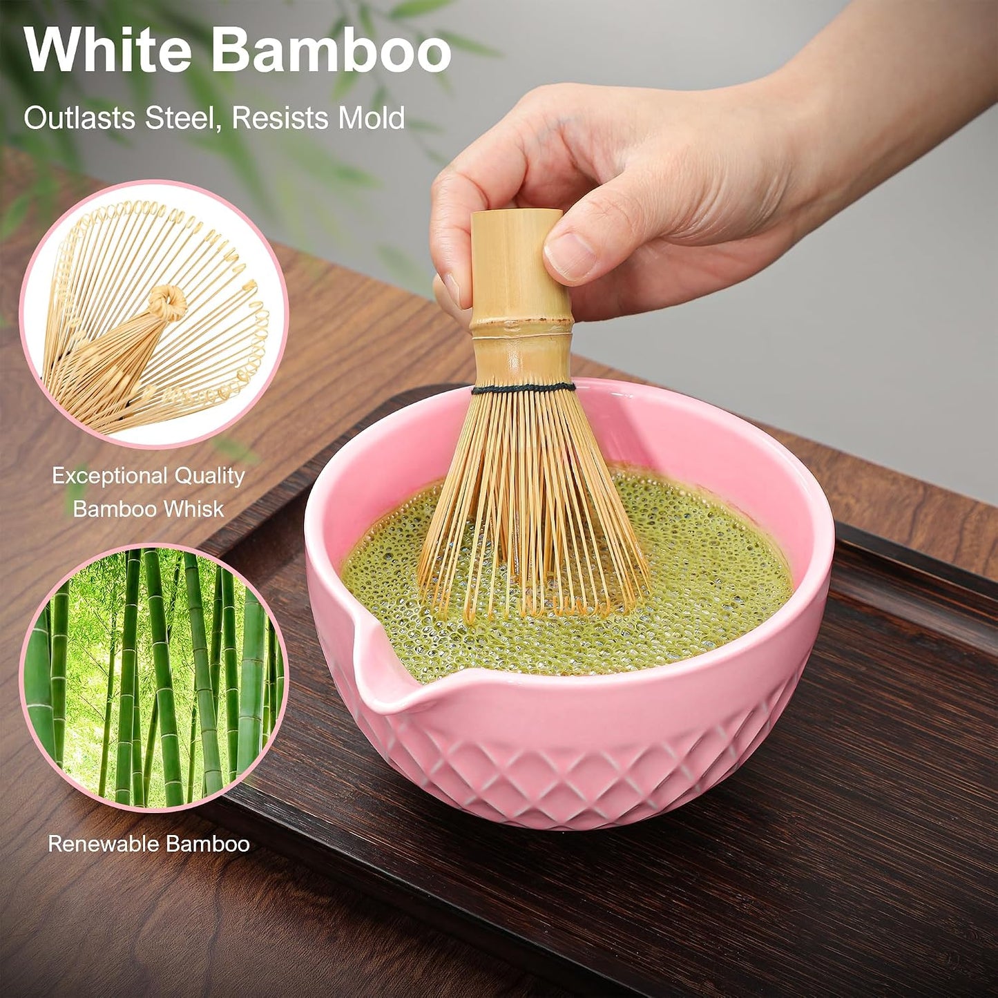 Matcha Whisk Set, 7 Pcs Matcha Kit, Ceramic Matcha Set Includes Matcha Bowl with Spout, Matcha Whisk and Holder, Bamboo Scoop, Scoop Rest, Sifter and Tea Towel (Ceramic White)